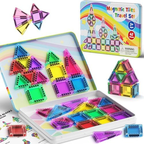 Magnetic Tiles Travel Toys for Kids 4-8, 42PCS Candy Color STEM Building Blocks with Visual Stora... | Amazon (US)