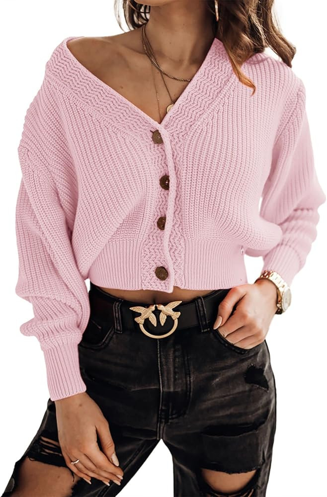 Febriajuce Women's Long Sleeve V-Neck Button Down Rib Knit Cropped Cardigan Sweater | Amazon (US)