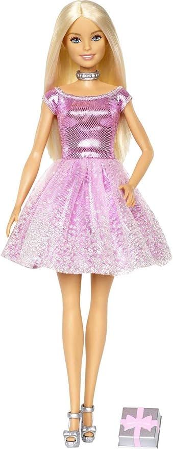 Barbie Happy Birthday Doll, Blonde, Wearing Sparkling Pink Party Dress with Present, Gift for 3 t... | Amazon (US)