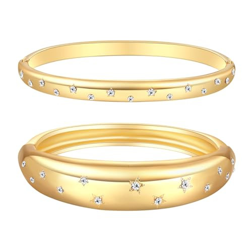 Gold Bracelets for Women Trendy: Chunky Gold Bangle Bracelet Stack with Cubic Zirconia Tennis Bracelets, 14K Gold Plated Star/Twisted/Oval Polished Finish/Hammered Textured/ Open Teardrop Cuff Bracelets Set for women Birthday Christmas Gifts (Set of 3) | Amazon (US)