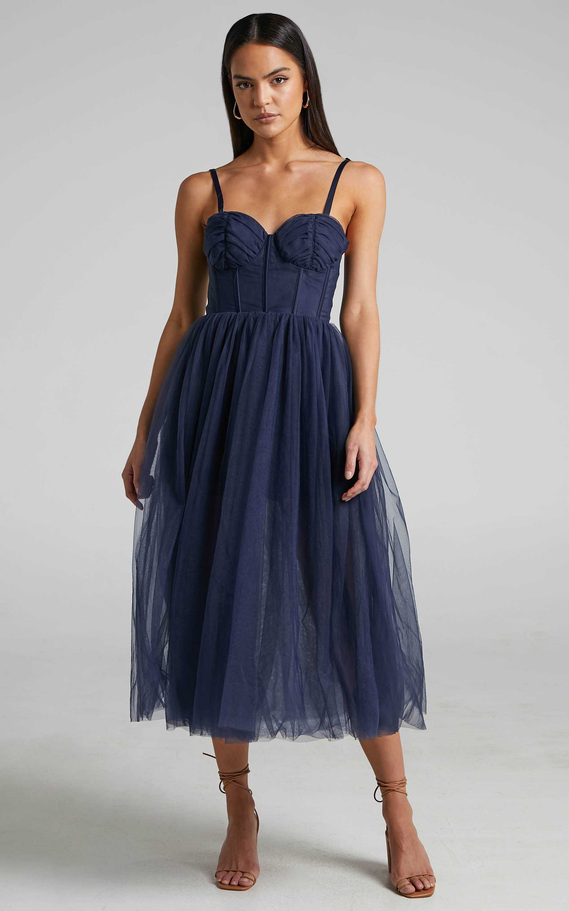 Aisha Bustier Bodice Tulle Midi Dress in Navy | Showpo (US, UK & Europe)