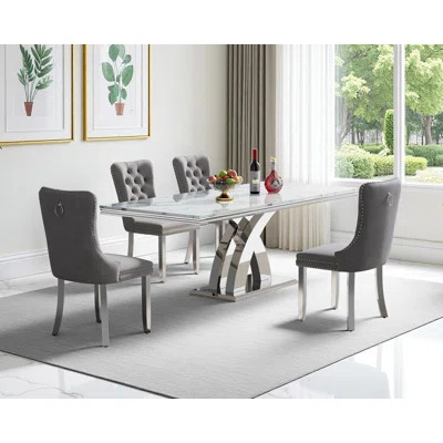 Modern 68.11" Faux Marble Dining Table Set , White Marble Dining Table with Velvet Dining Chairs, Dining Room Table and Chairs Set, Luxury Dining Tabl | Wayfair North America