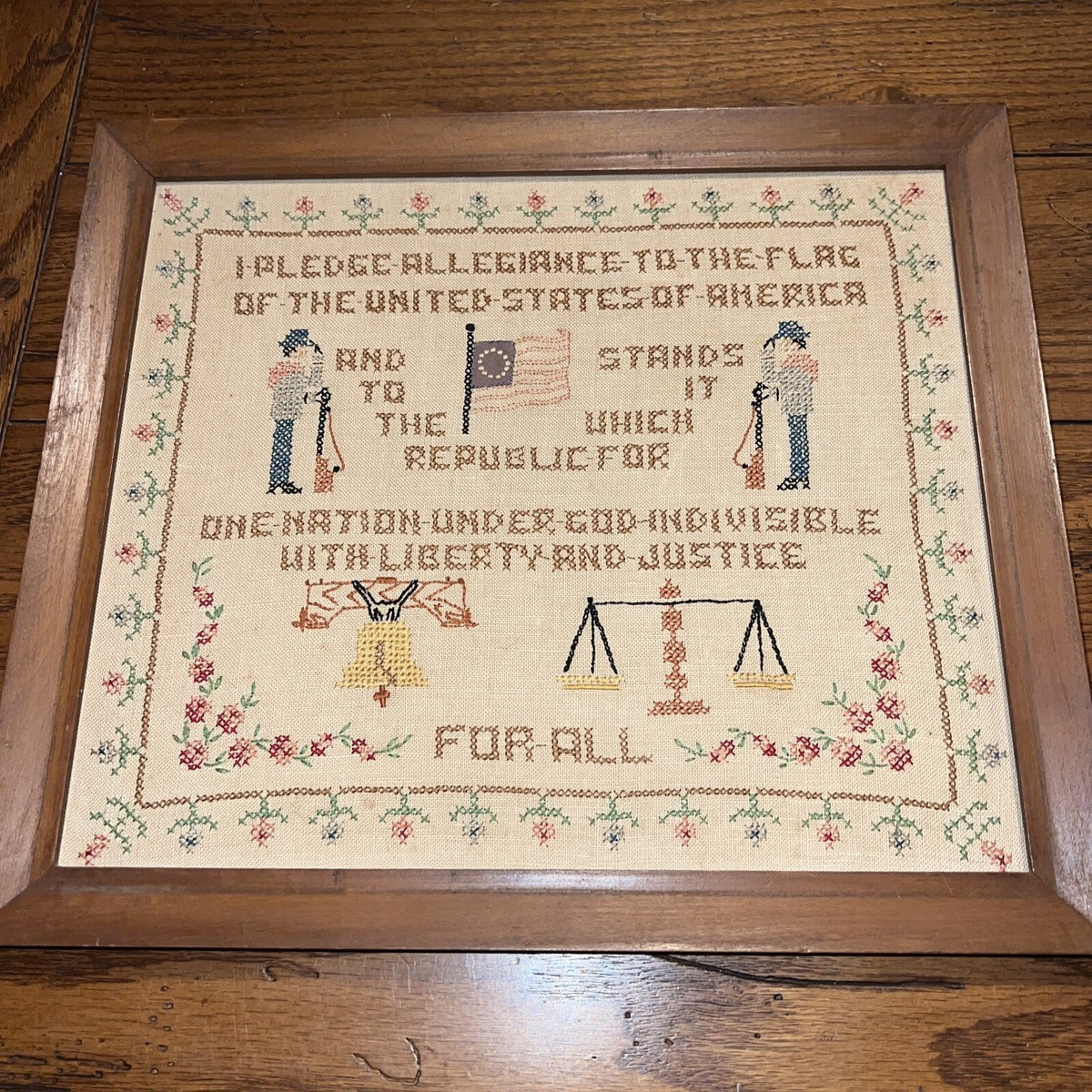Vintage Cross Stitch Framed Needlework “Pledge Of Allegiance”  USA Floral Edge | eBay US