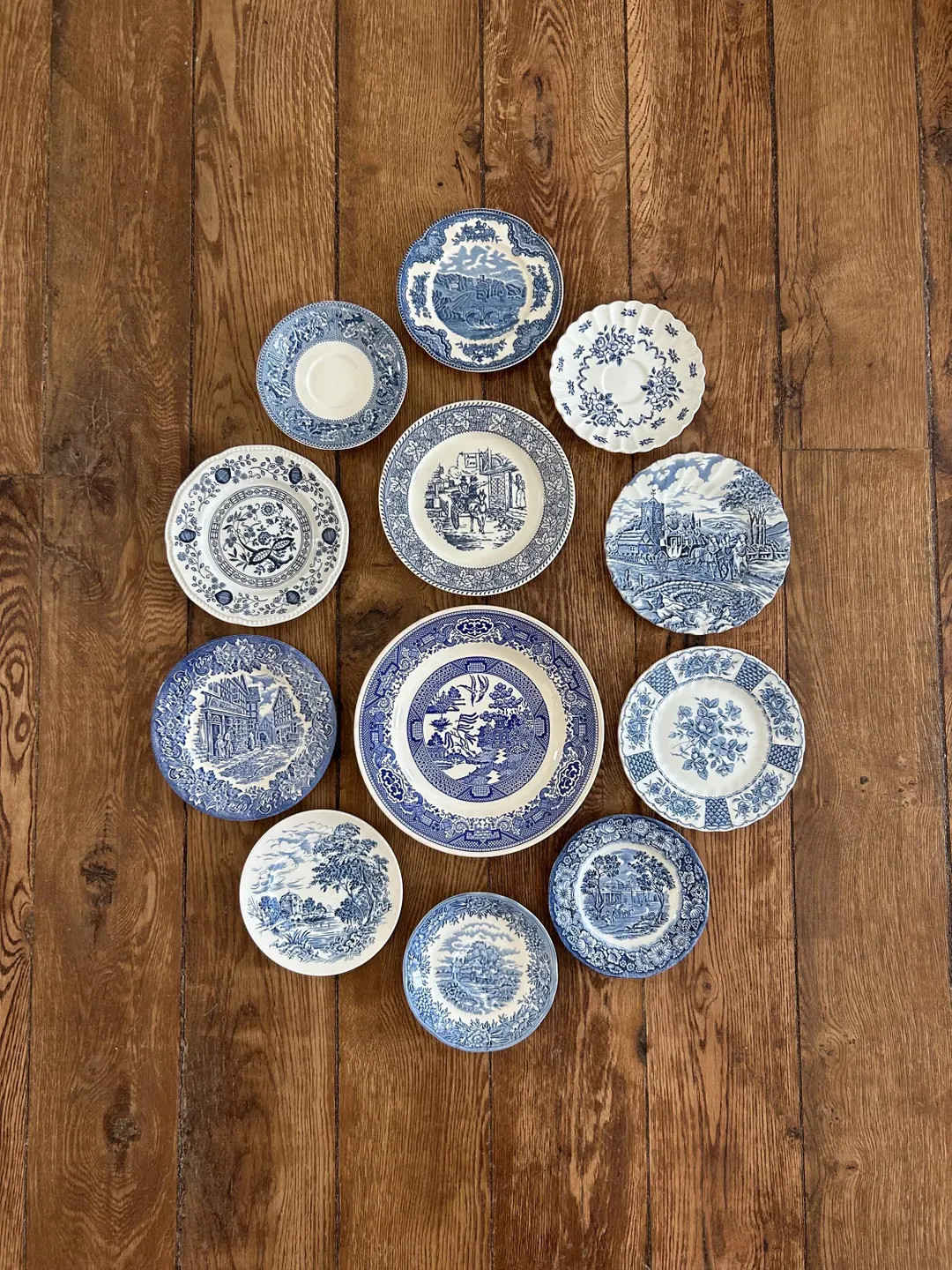 beautiful set of 12 mismatched vintage and antique plates, instant plate wall, elegant blue trans... | Etsy (US)