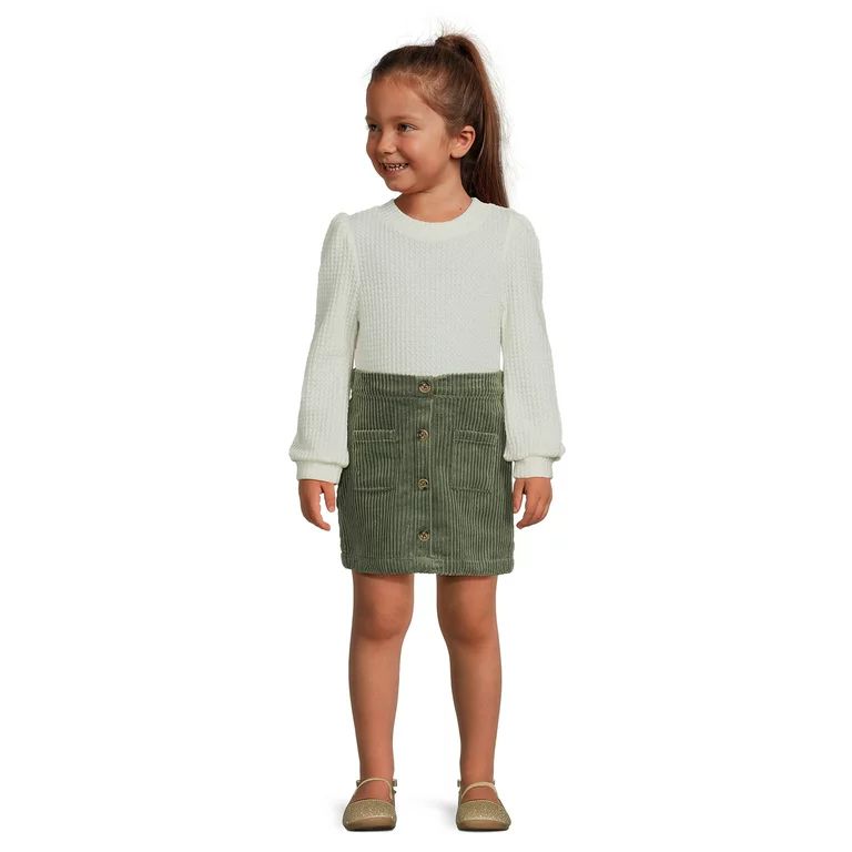 Wonder Nation Toddler Girl Waffle Knit Top and Corduroy Skirt Set, 2-Piece, Sizes 12M-5T | Walmart (US)