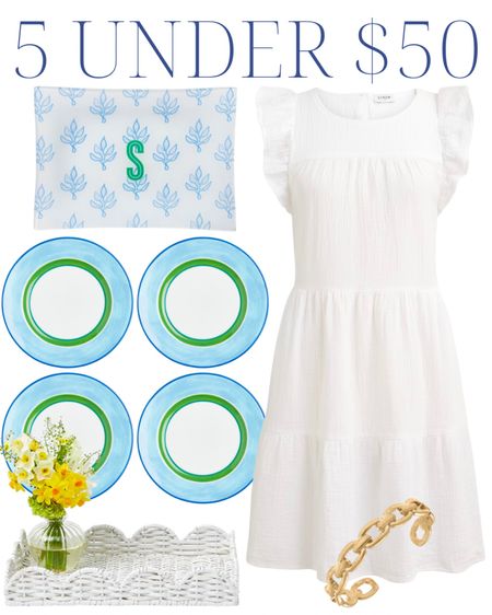 5 Under $50! White casual spring summer dress J.Crew, light blue and green porcelain plate, white scalloped woven rattan tray, light blue block print patterned glass catch all, gold chain link bangle cuff bracelet, coastal style, coastal home, grandmillennial style, grandmillennial home, classic southern preppy style 

#LTKunder50 #LTKhome #LTKstyletip