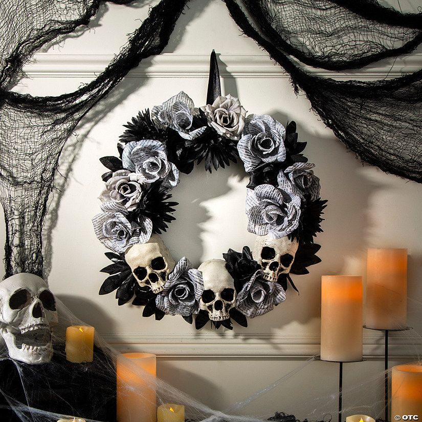 17 1/2" x 17 1/2" White Roses Wreath with Skulls Halloween Decoration | Oriental Trading Company