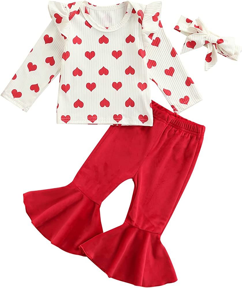 Baby Girl Valentines Day Outfit Heart Elephant Print Ruffle Tshirt Top+Bell Bottom Flare Pants+Headb | Amazon (US)