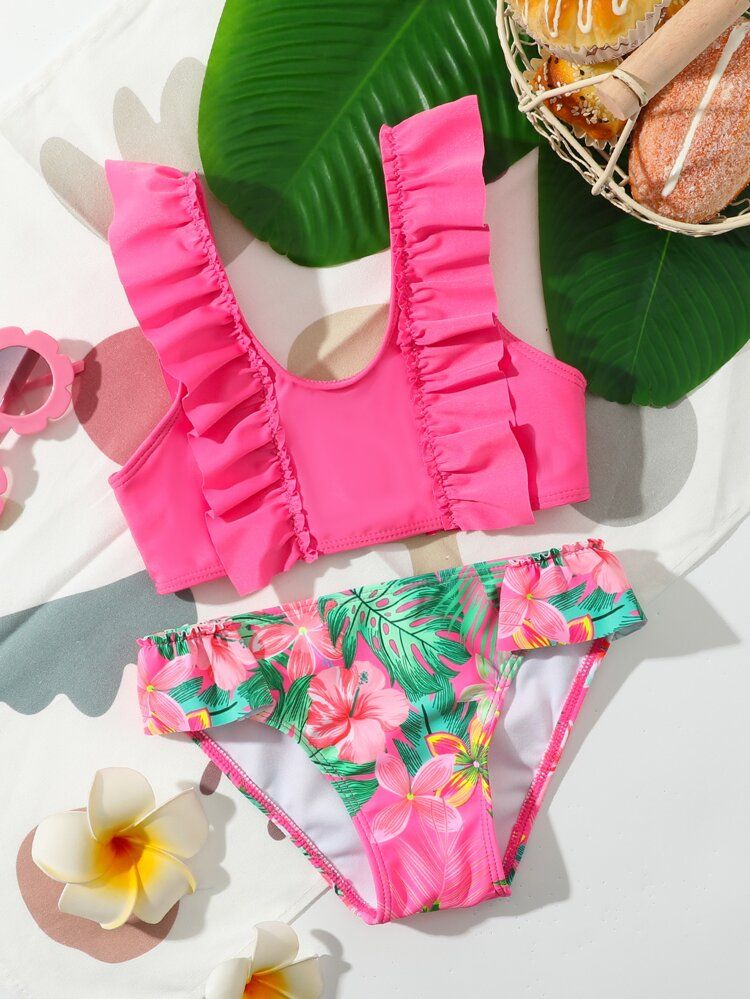 Toddler Girls Random Tropical Print Ruffle Trim Bikini Swimsuit | SHEIN