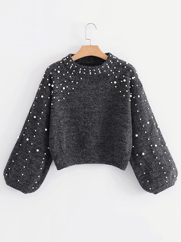 Lantern Sleeve Faux Pearl Crop Sweater | SHEIN