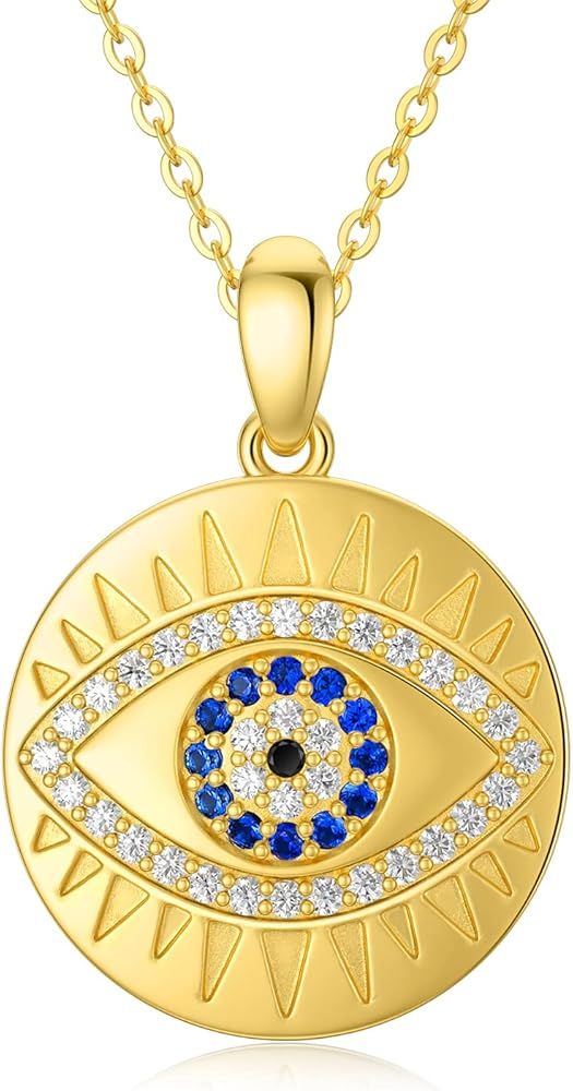 SISGEM Solid 14K Gold Evil Eye Pendant Necklace, Real Gold Coin Necklace Fine Jewelry Anniversary... | Amazon (US)