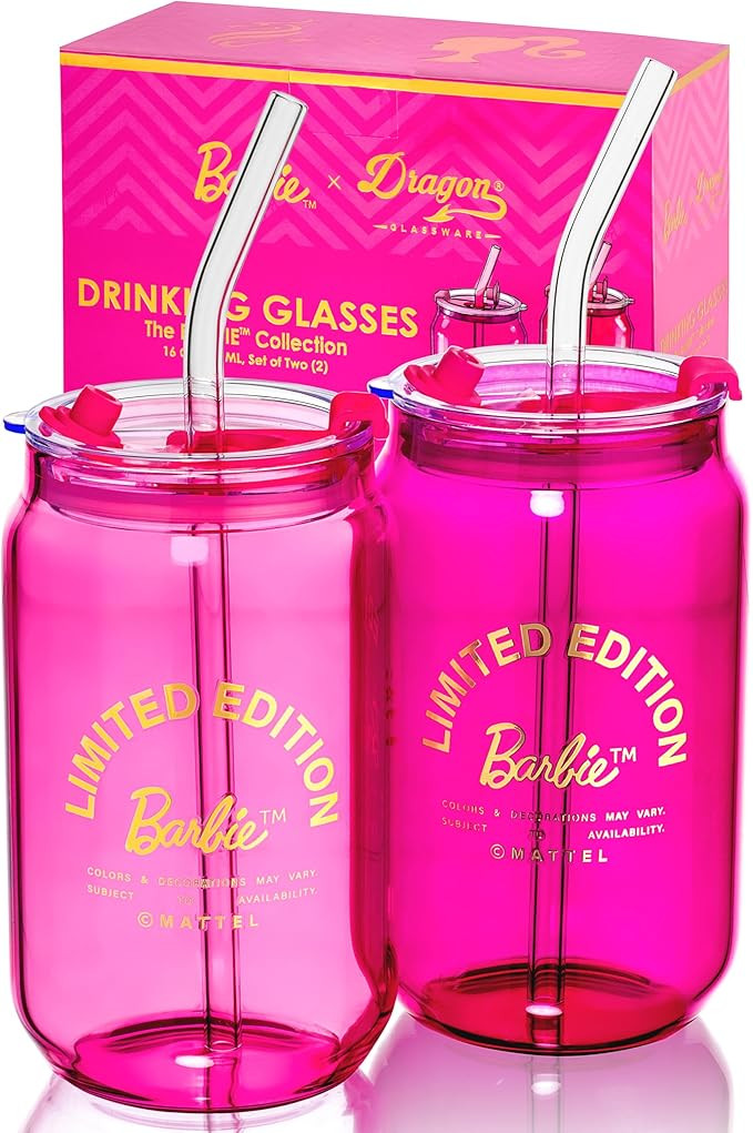 Dragon Glassware x Barbie Drinking Glasses - 16 oz Pink and Magenta Barbie Cups Set of 2 - Can Sh... | Amazon (US)