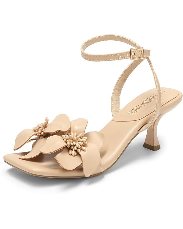 DREAM PAIRS Women's Flower Wedding Heels Cute Square Toe Slingback Low Kitten Heels Sandals with ... | Amazon (US)