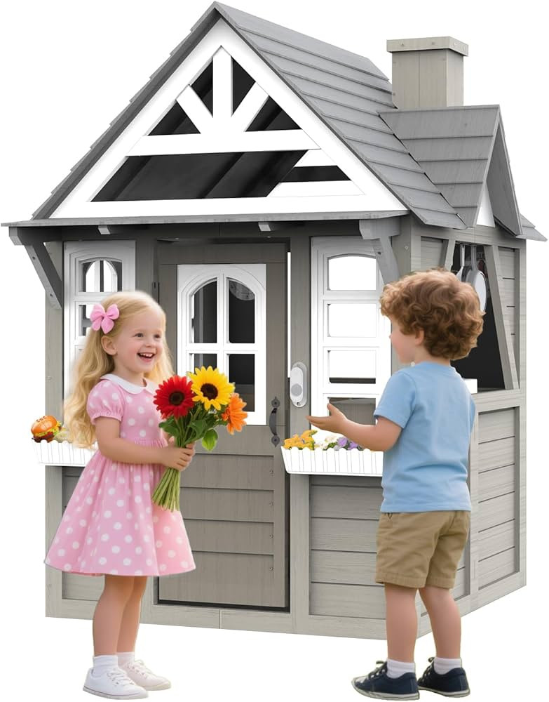 Kids Outdoor Cedar Playhouse, Weather-Resistant Gray Wooden Play House for Ages 3–8 with Play K... | Amazon (US)