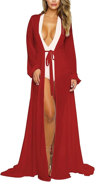 Women's Sexy Thin Mesh Long Sleeve Tie Front Swimsuit Swim Beach Maxi Cover Up Dress | Amazon (US)