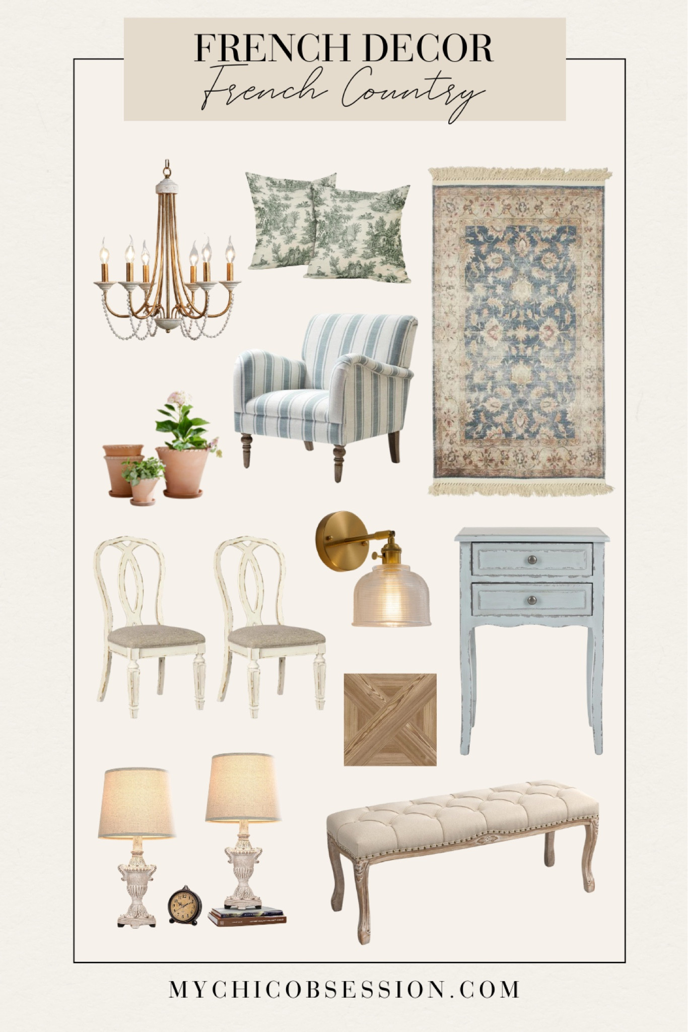 Trademark elements of French Country design include muted shades of blue, green and pink, warm neutrals, and mixed patterns and textures. Light wood parquet floors, comfortable furniture, and traditional patterns are all popular in this lived-in but elevated design style. 

#LTKhome