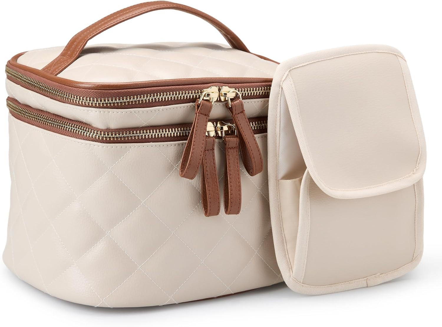 Amazon Essentials Women's Quilted Makeup Bag with Brush Storage, Ivory Faux Leather, One Size | Amazon (US)