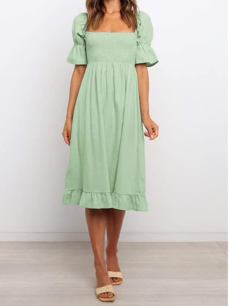 XIONGMEI Women Summer Short Puff Sleeve Square Neck Dress Smocked A-Line Solid Color Ruffle Flowy Sw | Amazon (US)