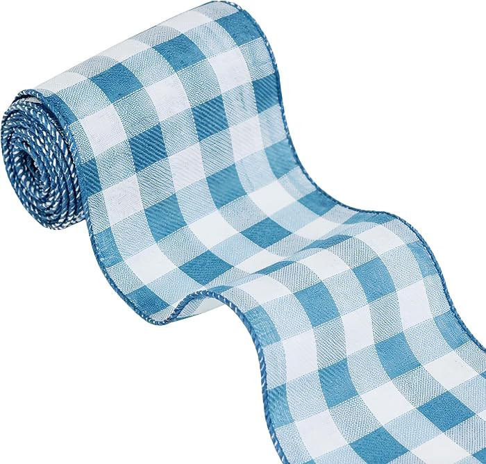 Meseey 4 Inch x 10 Yards Blue White Buffalo Check Wired Ribbon, Farmhouse Wired Edge Ribbon for L... | Amazon (US)