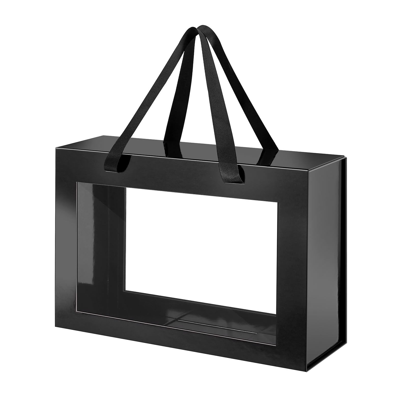 Large Black Clear Gift Box, 13.5x9x4.1 Inches Gift Box with Window by Handle, Groomsman Proposal Box, Collapsible Gift Box with Magnetic Closure (Glossy Black, 1 Pack) | Amazon (US)