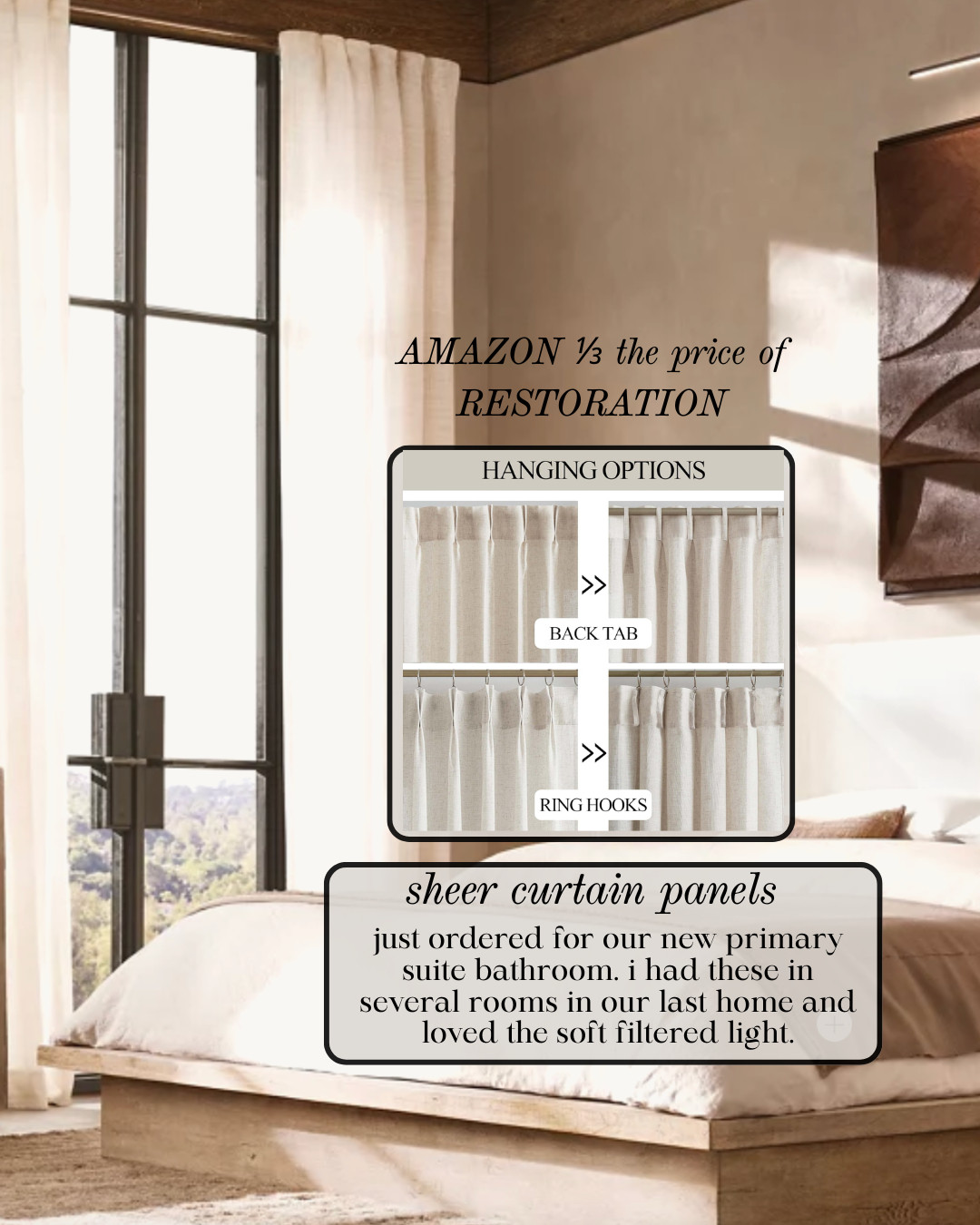 MUST HAVE — SOFT SHEER CURTAIN PANELS — RESTORATION DUPE These SHEER CURTAIN PANELS are one of my favorite home finds. I ordered them again for our primary suite bathroom because they create the prettiest soft filtered light. They look like designer panels but are about one-third the price. #Amazon #TheHillaryStyle #SheerCurtains #NeutralHomeDecor #WindowTreatments #LuxuryLookForLess #DesignerDupe #ModernOrganicHome #HomeDecorFinds #SoftNeutralStyle 

 #LTKU #LTKOver40 #LTKHome