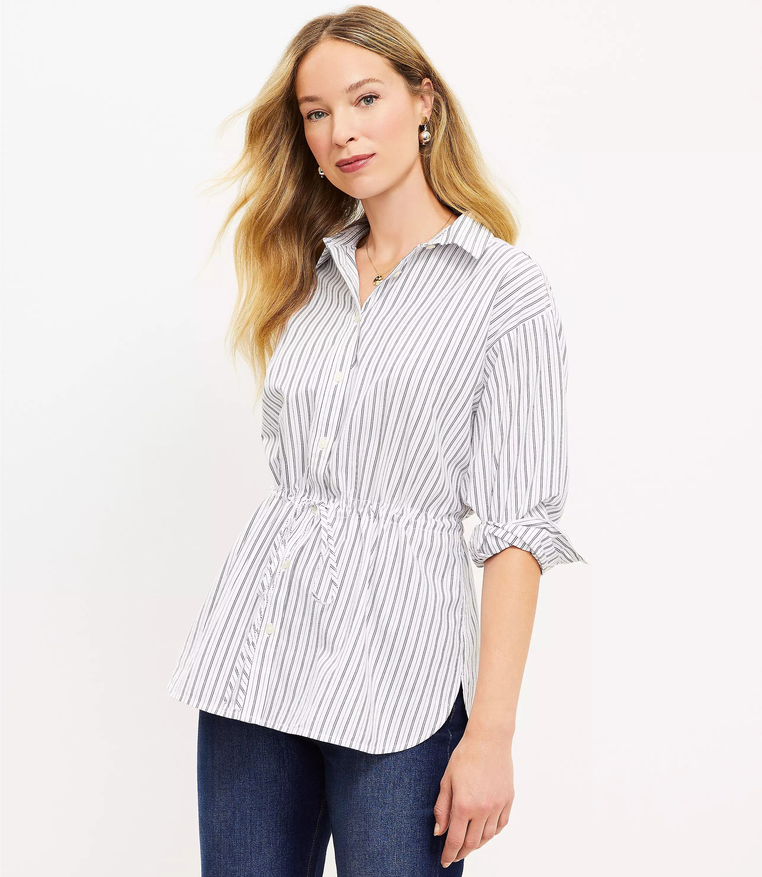 Striped Drawstring Tunic Shirt | LOFT