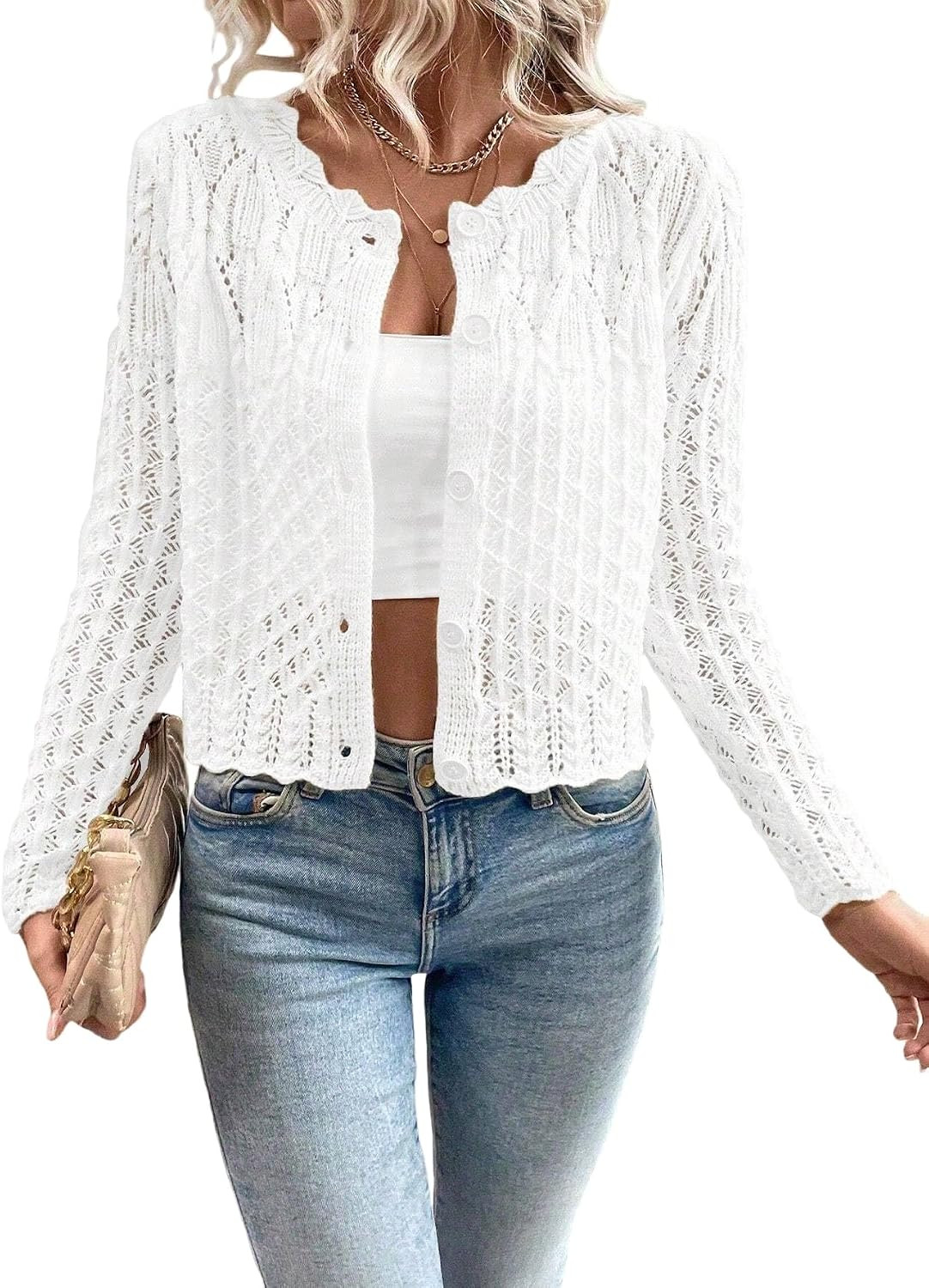 Urchics Women's Hollow Out Knit Cardigan Sweaters Scalloped Crewneck Cropped Sweater Long Sleeve Front Button Fall Tops | Amazon (US)
