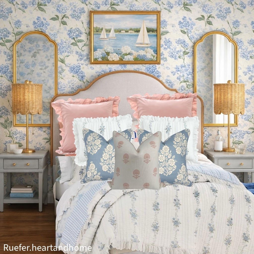 Client bedroom mood board… mirror, floral pillow, quilt, grand millennial style bedroom, sailboat framed art, lamp, nightstand, sham, upholstered skirted bench, hydrangea blue floral wallpaper 

#LTKHome #LTKSeasonal #LTKSaleAlert