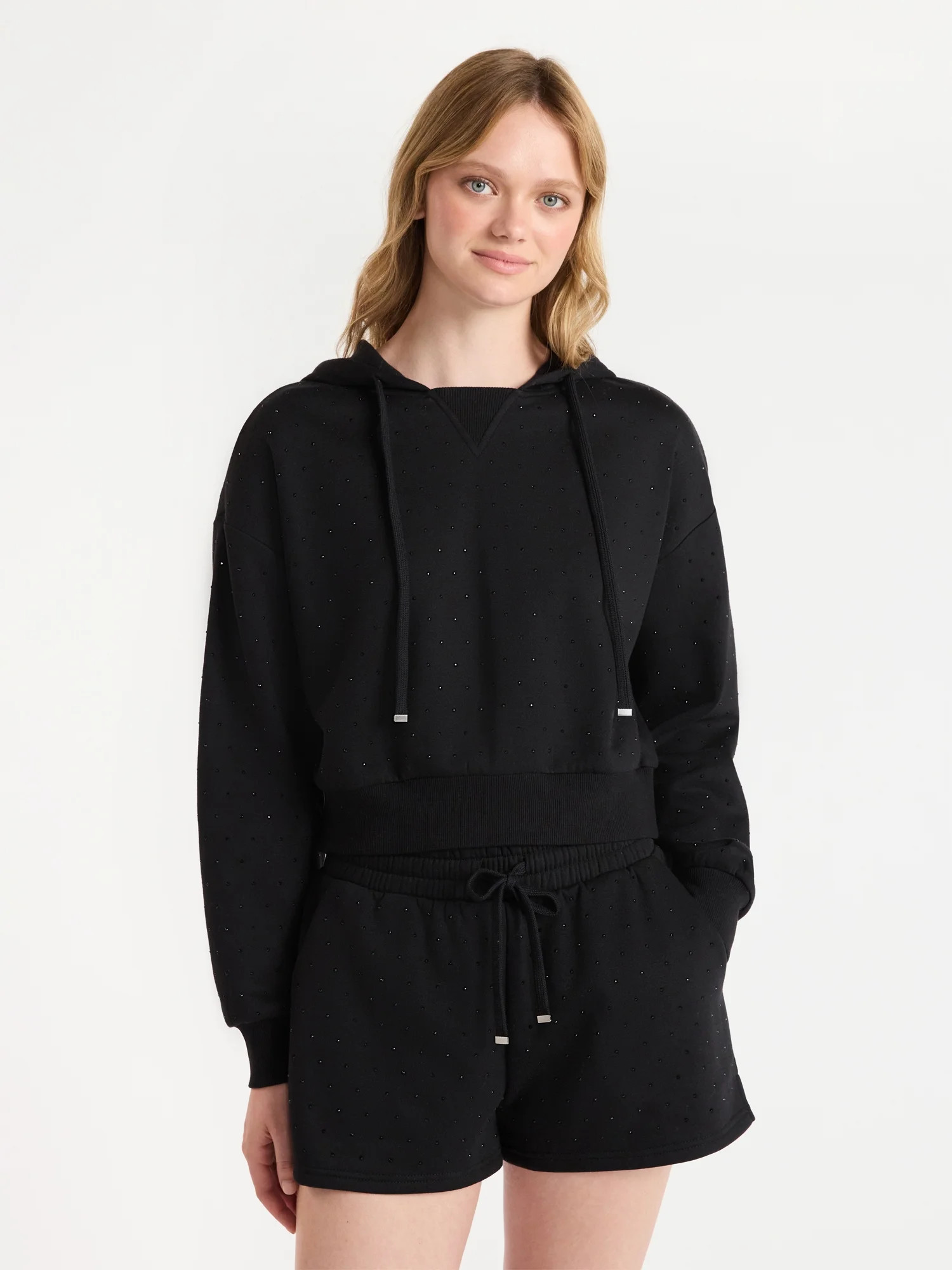 No Boundaries Faux Rhinestone Cropped Hoodie and Shorts Set, 2-Piece, Women’s | Walmart (US)