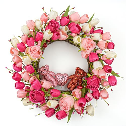 J'FLORU Valentines Day Decorations Romantic Valentines Day Gifts 22 Inch Valentine's Day Wreath with Lovely Bear Heart Roses Tulips for Valentine Party Anniversary Candlelight Dinner | Amazon (US)