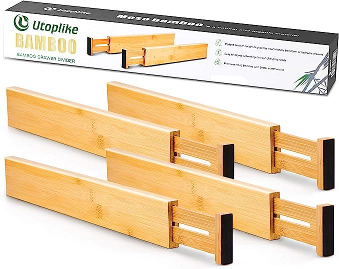 Utoplike 4 Pack Bamboo Kitchen Drawer Dividers,Adjustable Drawer Organizers,Spring Loaded,Works i... | Amazon (US)