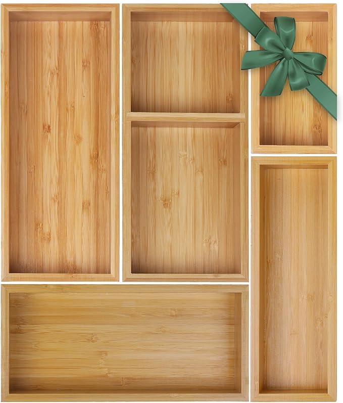 MapleGrace Bamboo Drawer Organizer Set, Individual Wood Storage Organizers | 5 PCS Multi-Use Junk... | Amazon (US)
