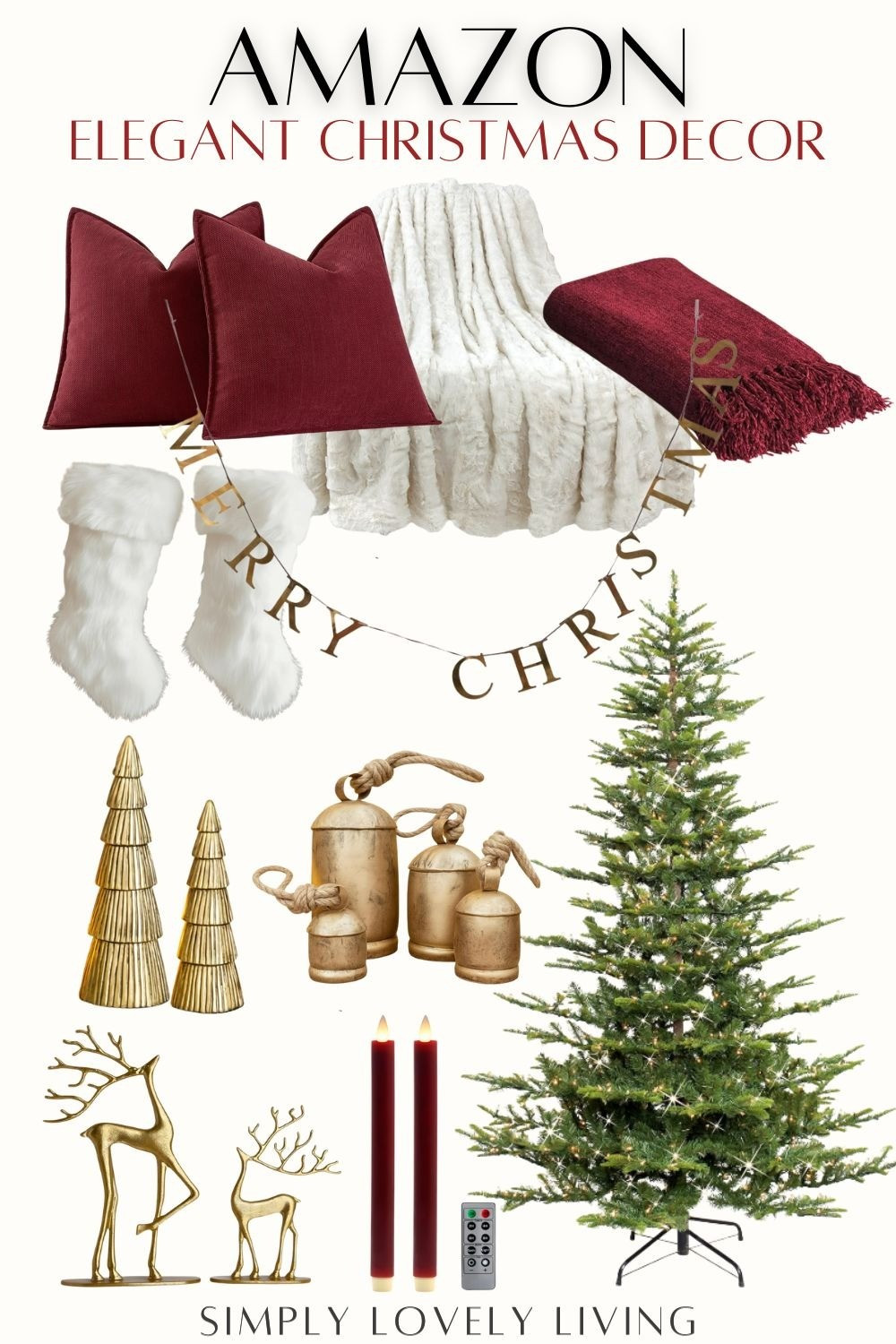 Amazon Elegant Christmas decor finds. Faux fur blanket. Faux fur stockings. Burgundy red pillows. Burgundy red throw blanket. Gold bells. Realistic Christmas tree. Gold Christmas trees. Gold reindeer. Burgundy led candles with remote. Merry Christmas garland sign. #Christmas #LTKfind

#LTKHoliday #LTKSeasonal #LTKHome