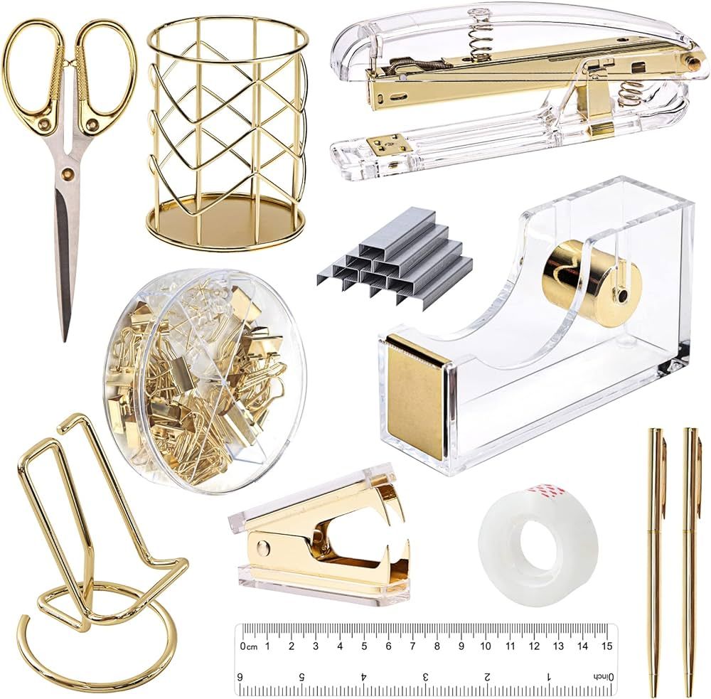 EOOUT Gold Office Supplies Set Desk Accessories, Acrylic Stapler Set Staple Remover, Phone Holder... | Amazon (US)