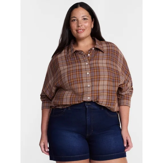 Terra & Sky Women's Plus Button Front Woven Shirt with Long Sleeves, Sizes 0X- 5X | Walmart (US)