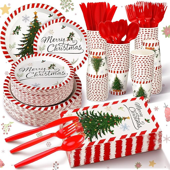Sinmoe 400 Pcs Christmas Dinnerware Set Disposable Christmas Plates and Napkins Set Serve 50 Wint... | Amazon (US)