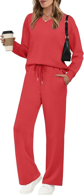 WIHOLL Lounge Sets for Women 2026 V Neck 2 Piece Outfits Airport Wide Leg Pants Matching Set Swea... | Amazon (US)