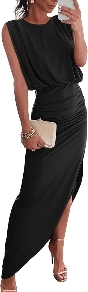 BTFBM Women Sleeveless Ruched Bodycon Dress 2023 Summer High Waist Asymmetrical Slit Formal Party... | Amazon (US)