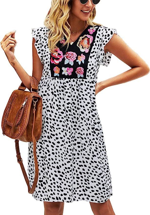 KIRUNDO Women’s Summer Leopard Mini Dress V Neck Bohemia Dress Sleeveless Flowy Loose Badydoll ... | Amazon (US)