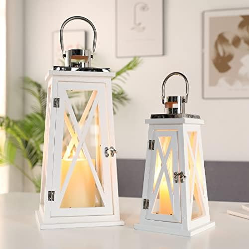 TRIROCKS Set of 2 Farmhouse Wooden Lantern 15.5''&22'' Metal Decorative Candle Holders with Tempered | Amazon (US)