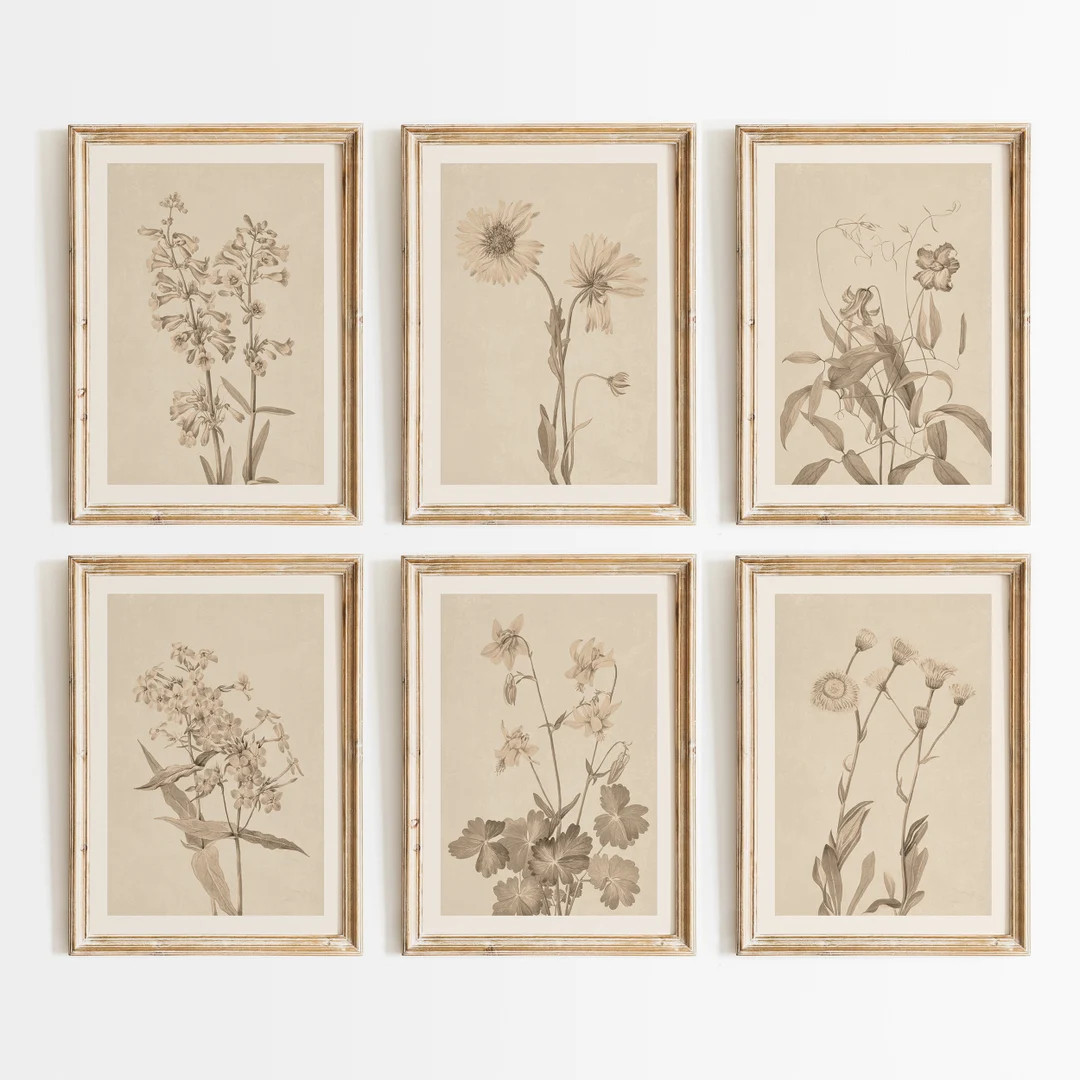 Vintage Wildflower Prints Set: Beige Botanical Gallery Wall Art, Digital Download | Etsy (US)