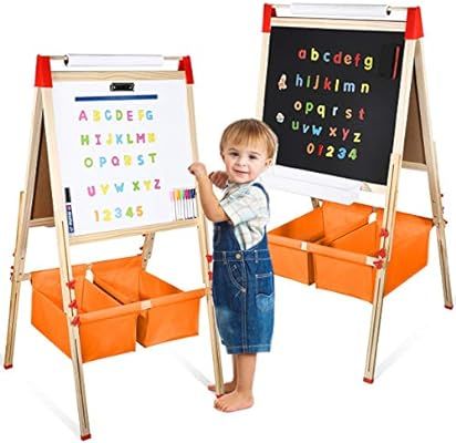Fixget Kids Wooden Easel with Paper Roll, Double-Sided Whiteboard & Chalkboard Standing Easel, Ar... | Amazon (US)