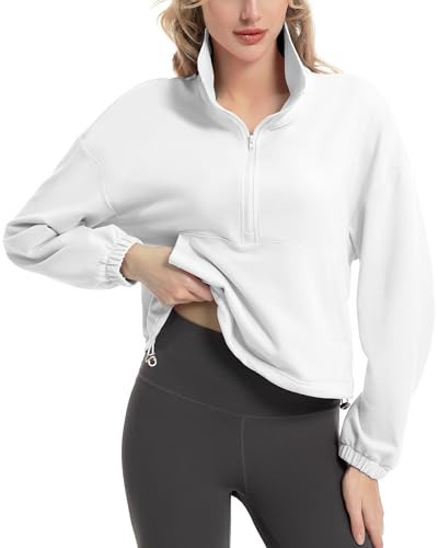 FKEEP Quarter Zip Pullover Women Cropped Sweatshirt Long Sleeve Crop Top Stand Collar Drawstring Casual Pullover zWhite S | Amazon (US)