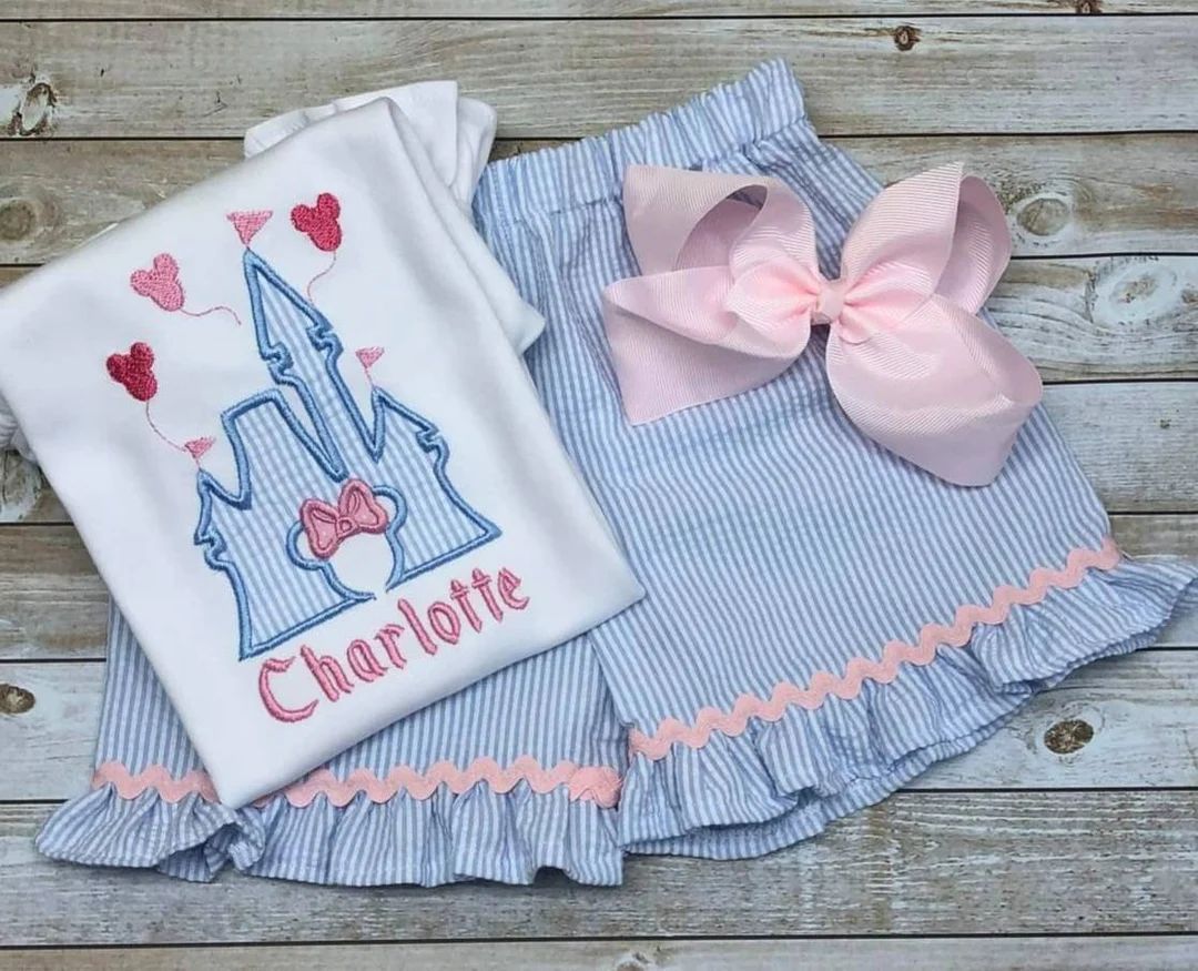 Girls Seersucker Castle Outfit w/bow, Ruffle Shirt, Baby Girl Vacation, Sibling embroidery Brothe... | Etsy (US)