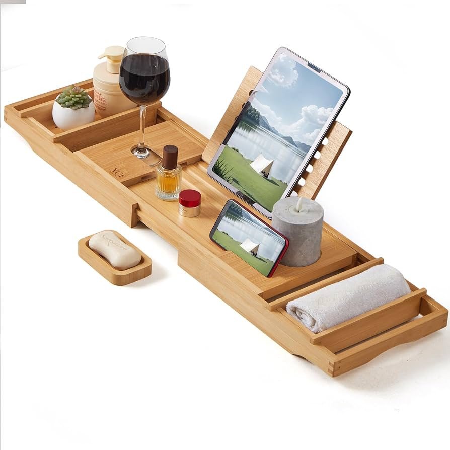 XcE Bamboo Bathtub Caddy Tray - Expandable to 41 Inches with Book Stand, Soap Holder & Anti-Slip ... | Amazon (US)
