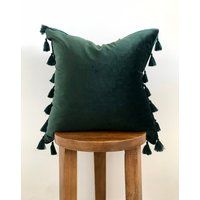 Emerald Green Velvet Pillow Cover | Hunter Green Velour Pillows Emerald Decorative Tassel Covers | Etsy (US)