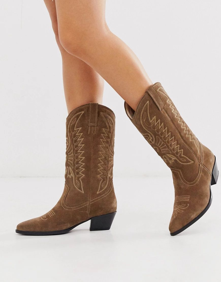 Vagabond Emily western knee high mid ankle boot in taupe suede-Beige | ASOS (Global)