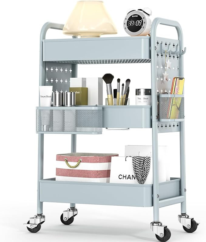 TOOLF Metal Rolling Storage Cart, 3-Tier Utility Mobile Cart with DIY Pegboards, Serving Trolley ... | Amazon (US)