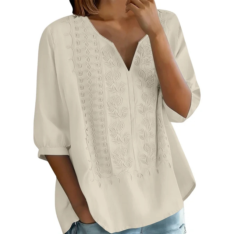Outfmvch Embroidered Linen Shirts for Women Gauze Boho Tunic Tops peasant blouses linen tops Bohe... | Walmart (US)