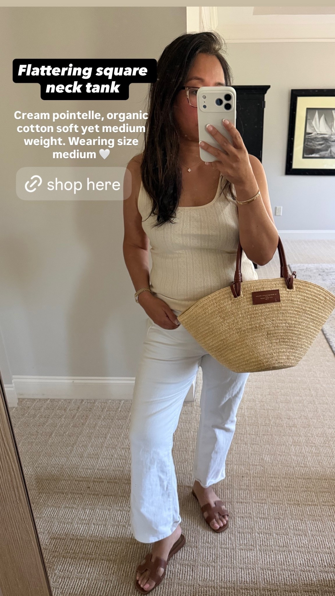 Cream pointelle, organic cotton soft yet medium weight. Wearing size medium 🤍 Flattering square neck tank